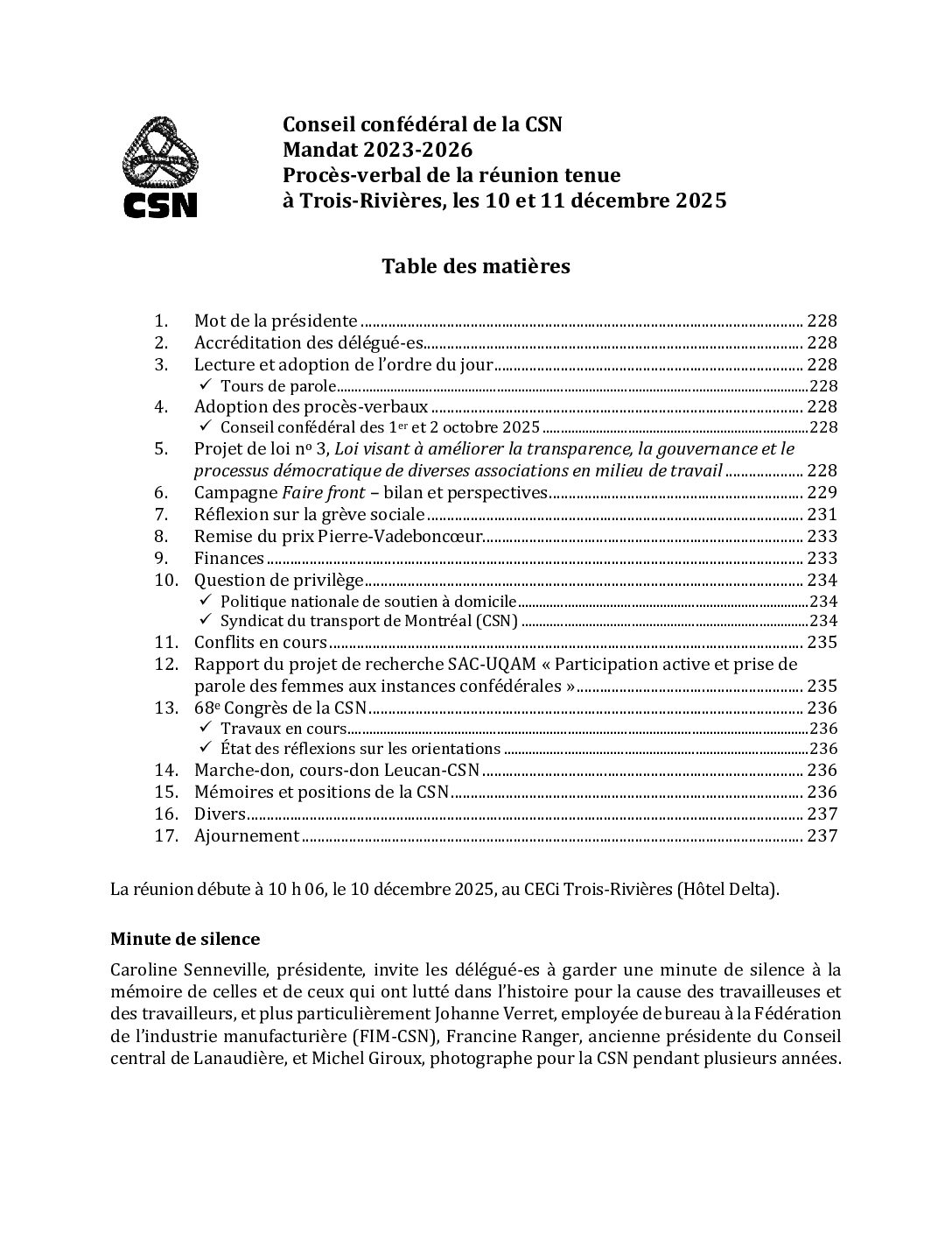 Procès-verbal du conseil confédéral de la CSN tenu à Trois-Rivière les 10 et 11 décembre 2025
