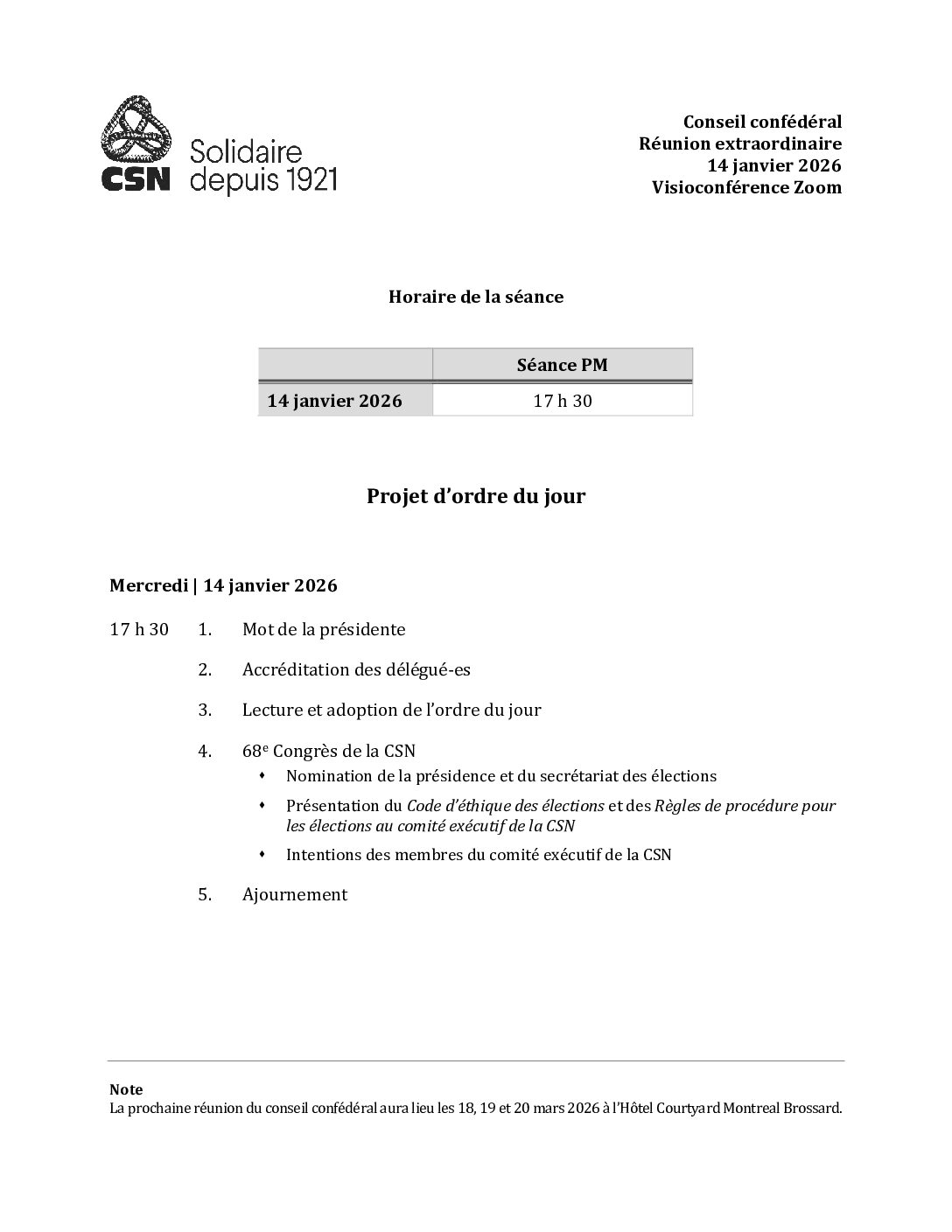 Projet d'ordre du jour pour le conseil confédéral extraordinaire de la CSN tenu le 14 janvier 2026 sur Zoom