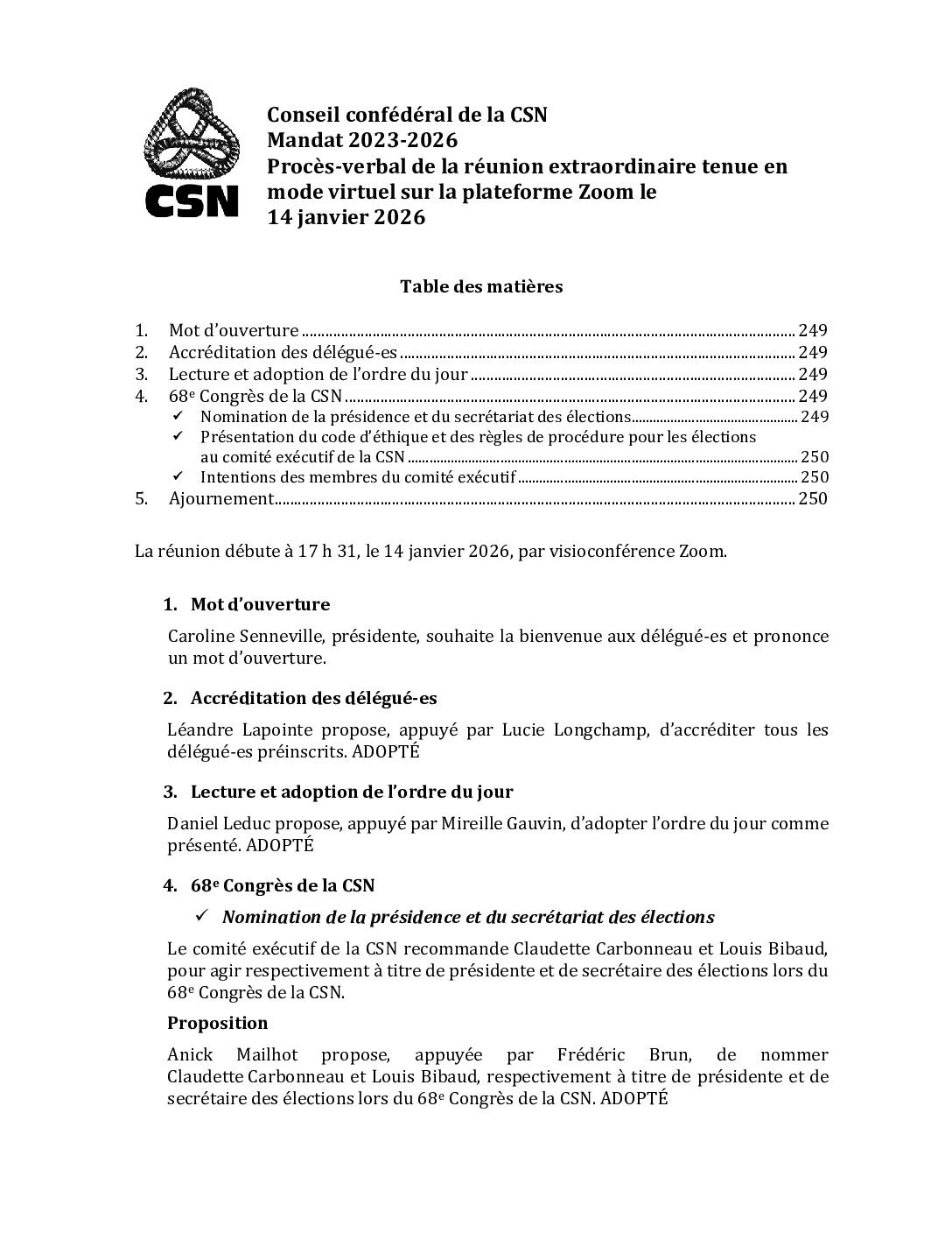 Procès-verbal du conseil confédéral extraordinaire de la CSN tenu sur Zoom le 14 janvier 2026
