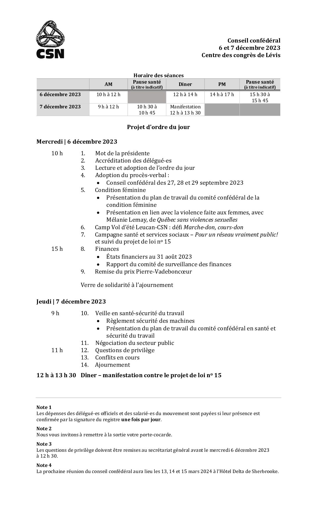 Projet d’ordre du jour du conseil confédéral des 6 et 7 décembre 2023 à Lévis