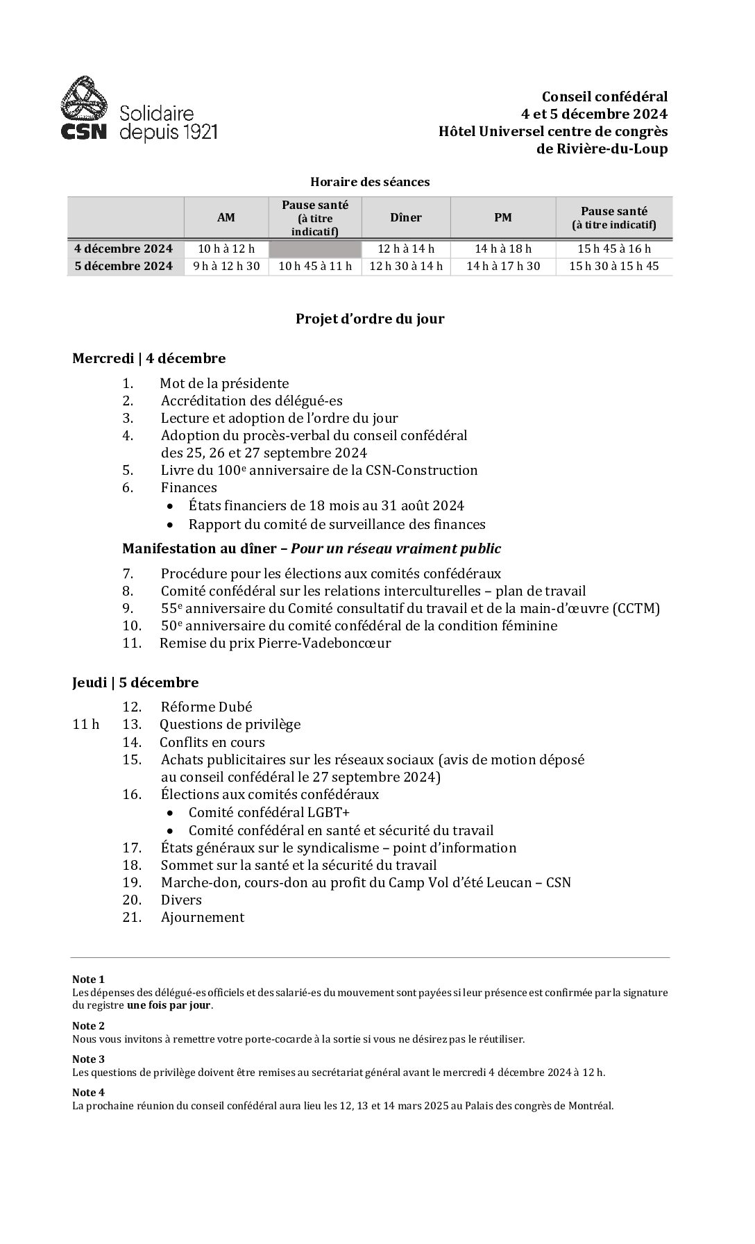 Projet d'ordre du jour pour le conseil confédéral de la CSN tenu le 4 et 5 décembre 2024 à Rivière-du-Loup