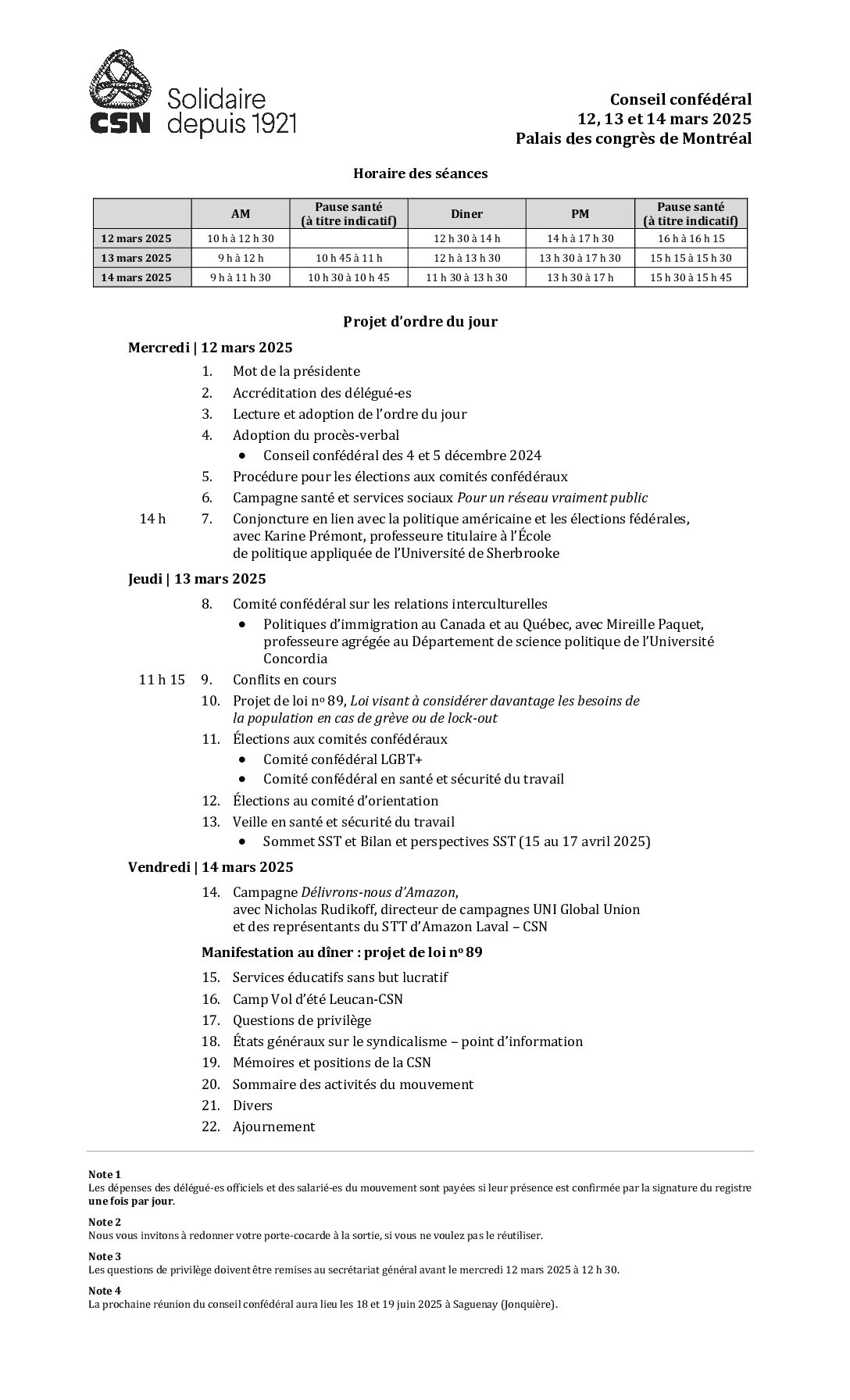 Projet d'ordre du jour pour le conseil confédéral de la CSN tenu les 12, 13 et 14 mars 2024 à Montréal
