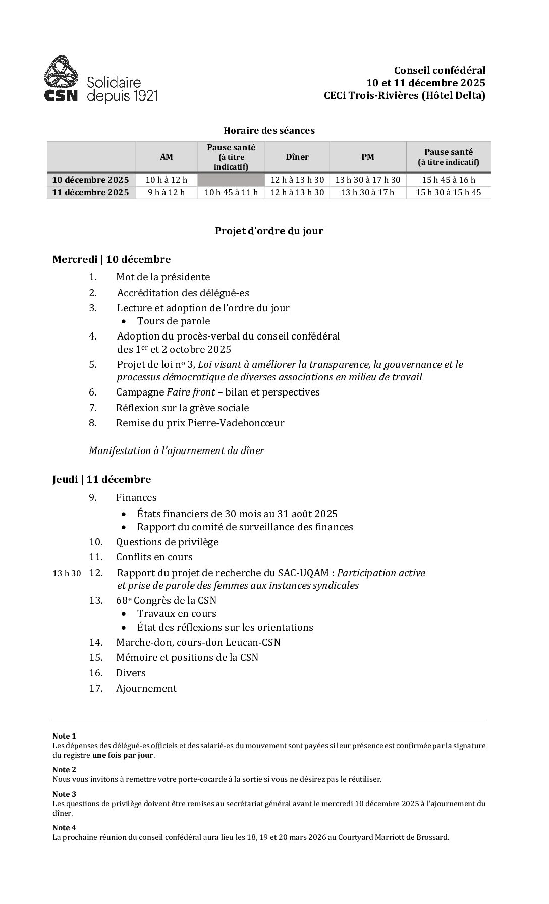 Projet d'ordre du jour pour le conseil confédéral de la CSN tenu les 10 et 11 décembre 2025 à Trois-Rivière