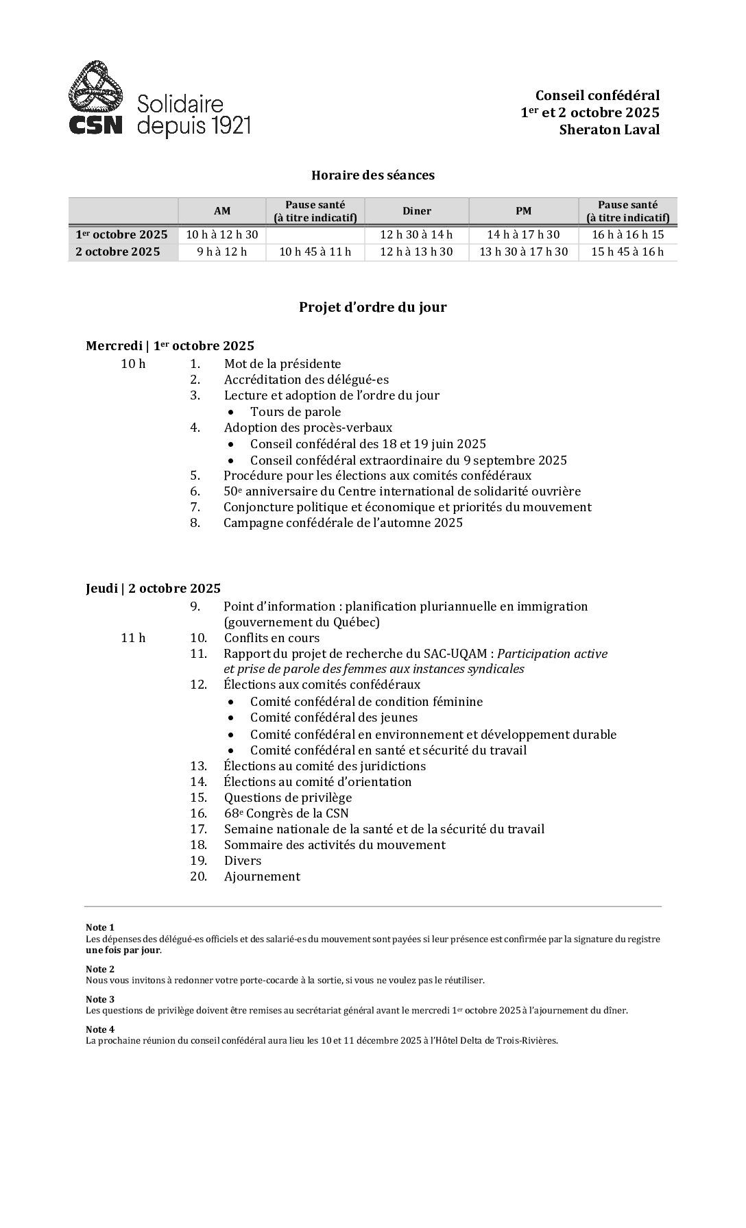 Projet d'ordre du jour pour le conseil confédéral de la CSN tenu le 1er et 2 octobre 2025 à Laval