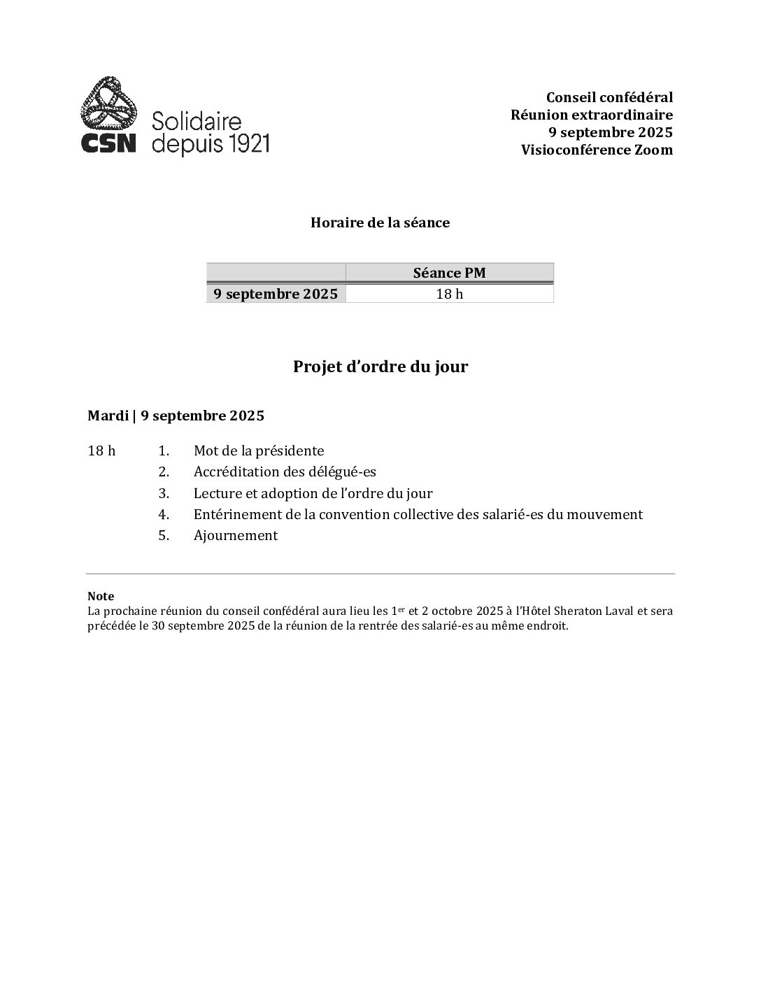 Projet d'ordre du jour pour le conseil confédéral extraordinaire de la CSN tenu le 9 septembre 2025 sur Zoom