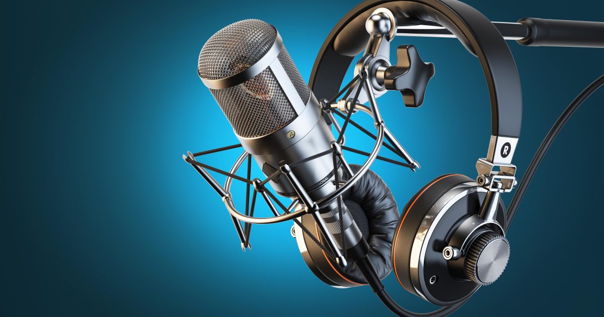 Headphones on microphone stand, professional studio